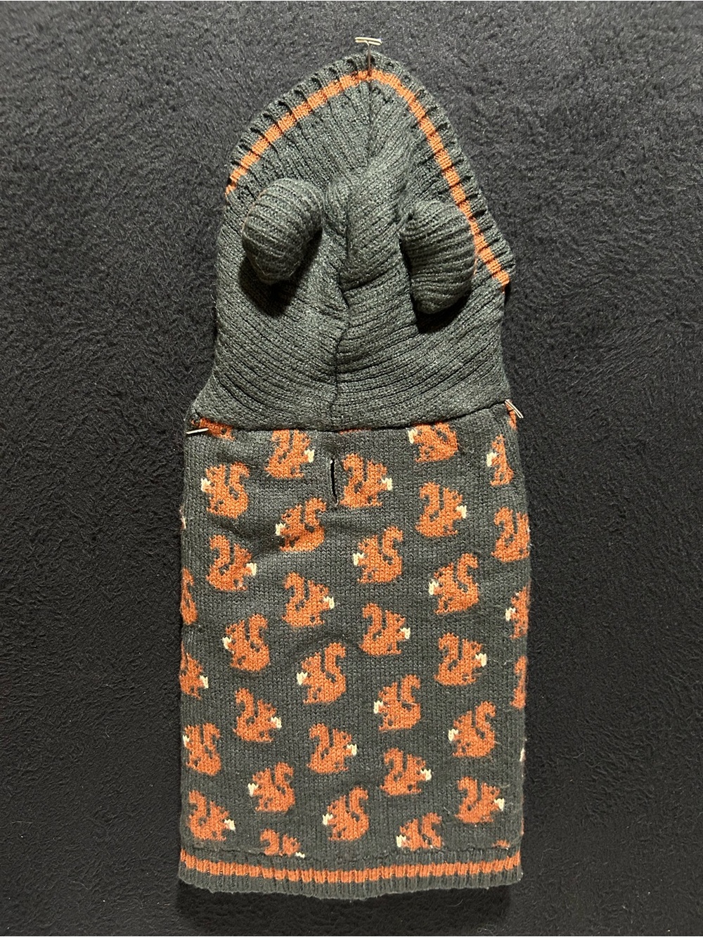 Gray Knit Pet Sweater Hooded Ears and an all-over Orange Squirrel Pattern Size S